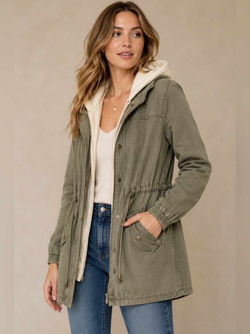 Skies Are Blue Olive Utility Jacket with Cream Hood